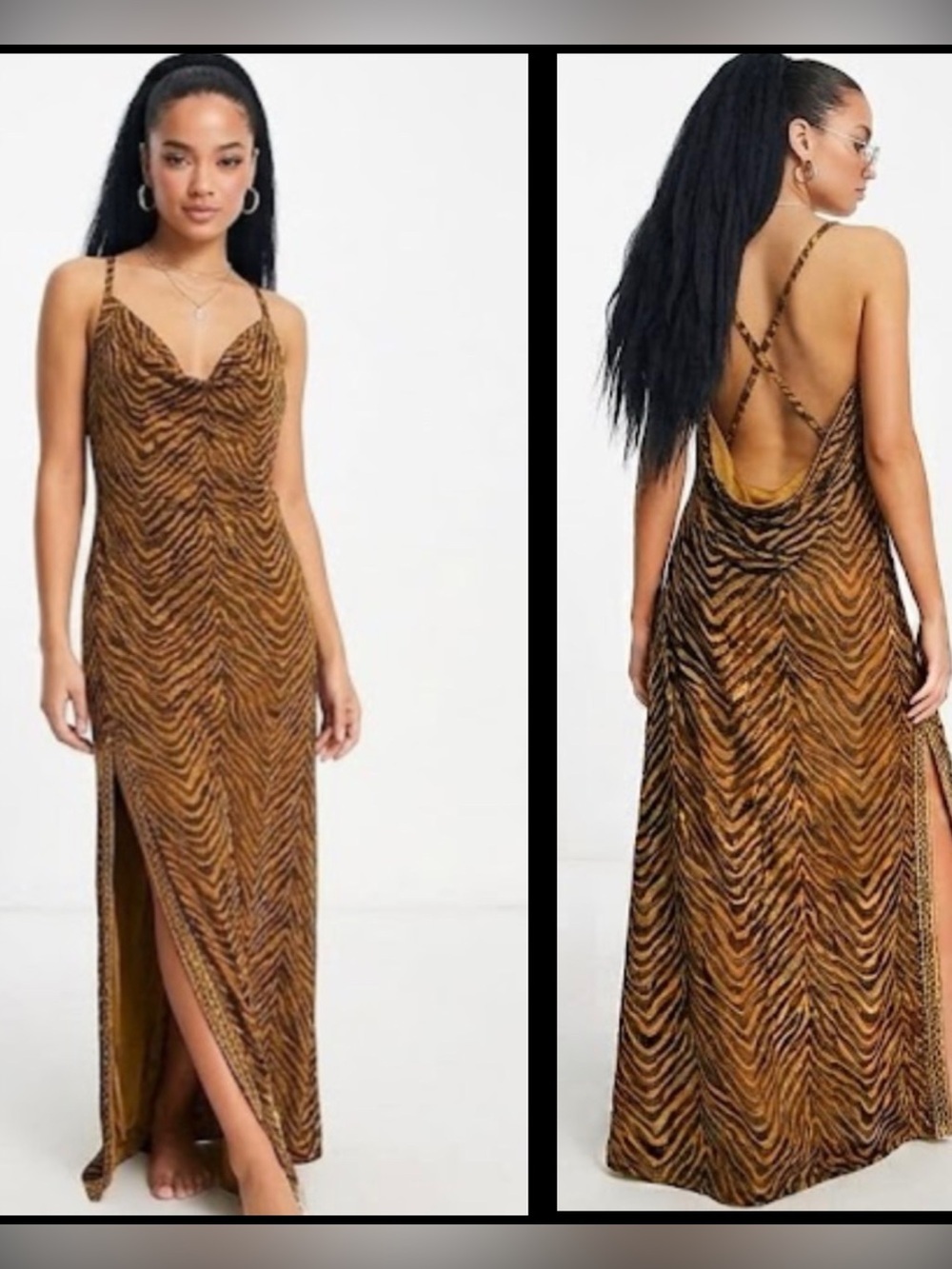 ASOS Zebra Striped Brown Velvet Burnout Cowl Neck Slip Slit Mobwife Maxi Dress O